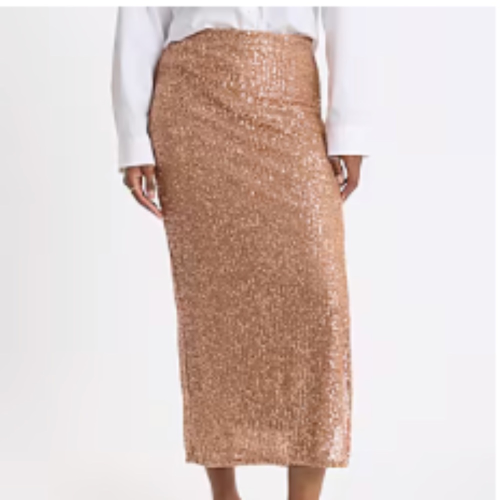 High Waisted Fitted Sequin Midi Skirt